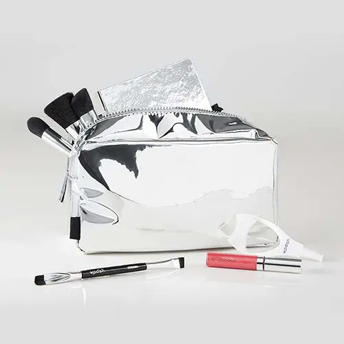 Wholesale Metallic Makeup Bag with Essential Tools | Luxurious Silver Cosmetic Organizer for Beauty Brands & Retailers